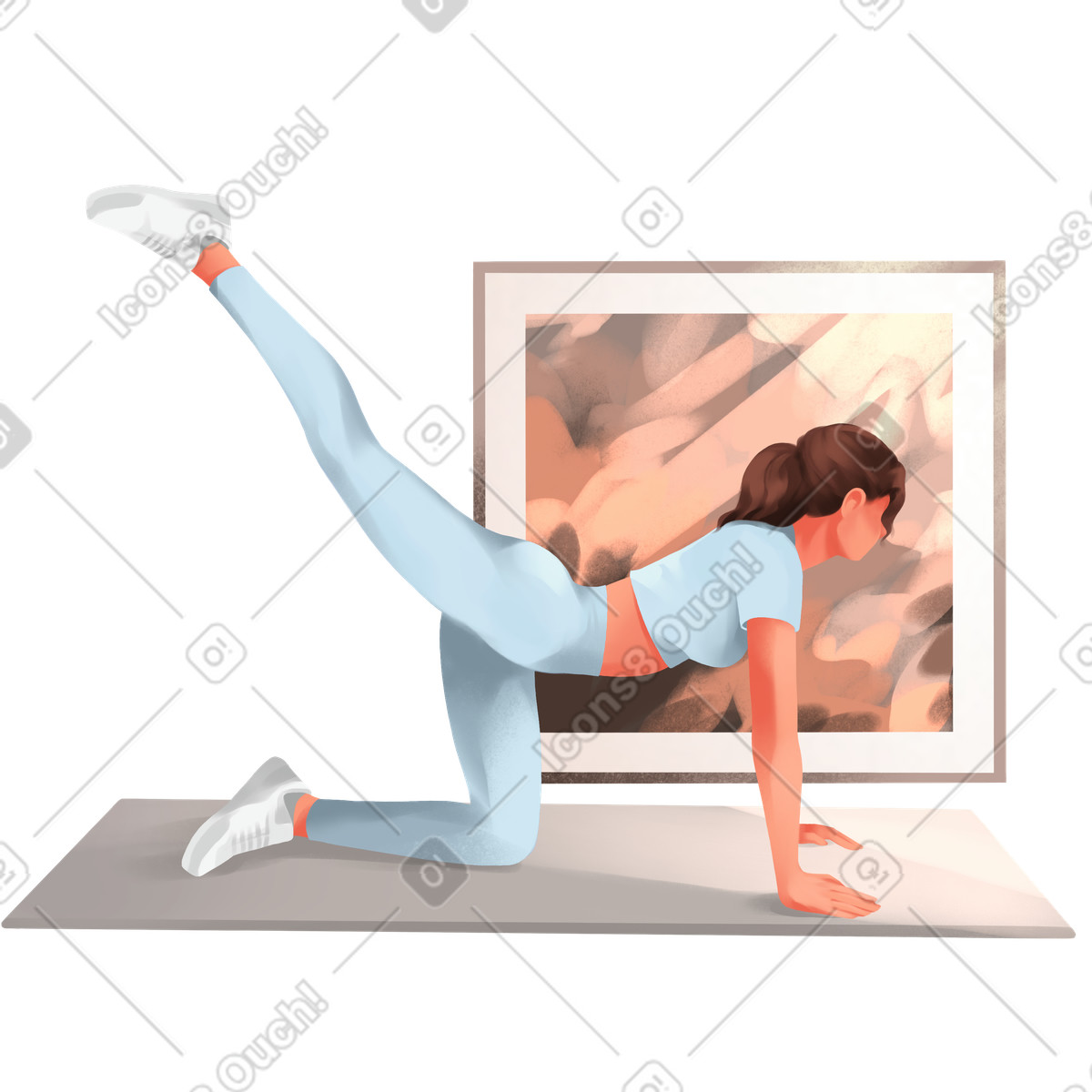 Illustration Femme s'étirant sur un tapis de yoga avec une peinture derrière dans le style Demure à télécharger aux formats PNG, SVG