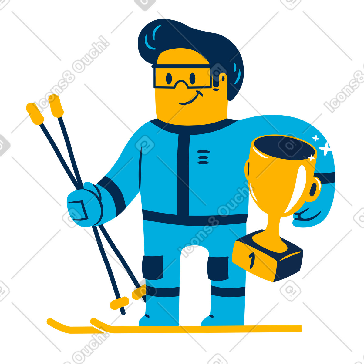 下载 Flame 风格的 Skier holding a first prize cup 插画，支持 PNG、SVG 格式