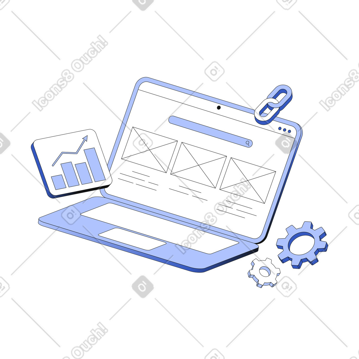 Ilustración Abra una computadora portátil con estadísticas de seo y plantilla sitio web en estilo Techny a descargar en PNG SVG