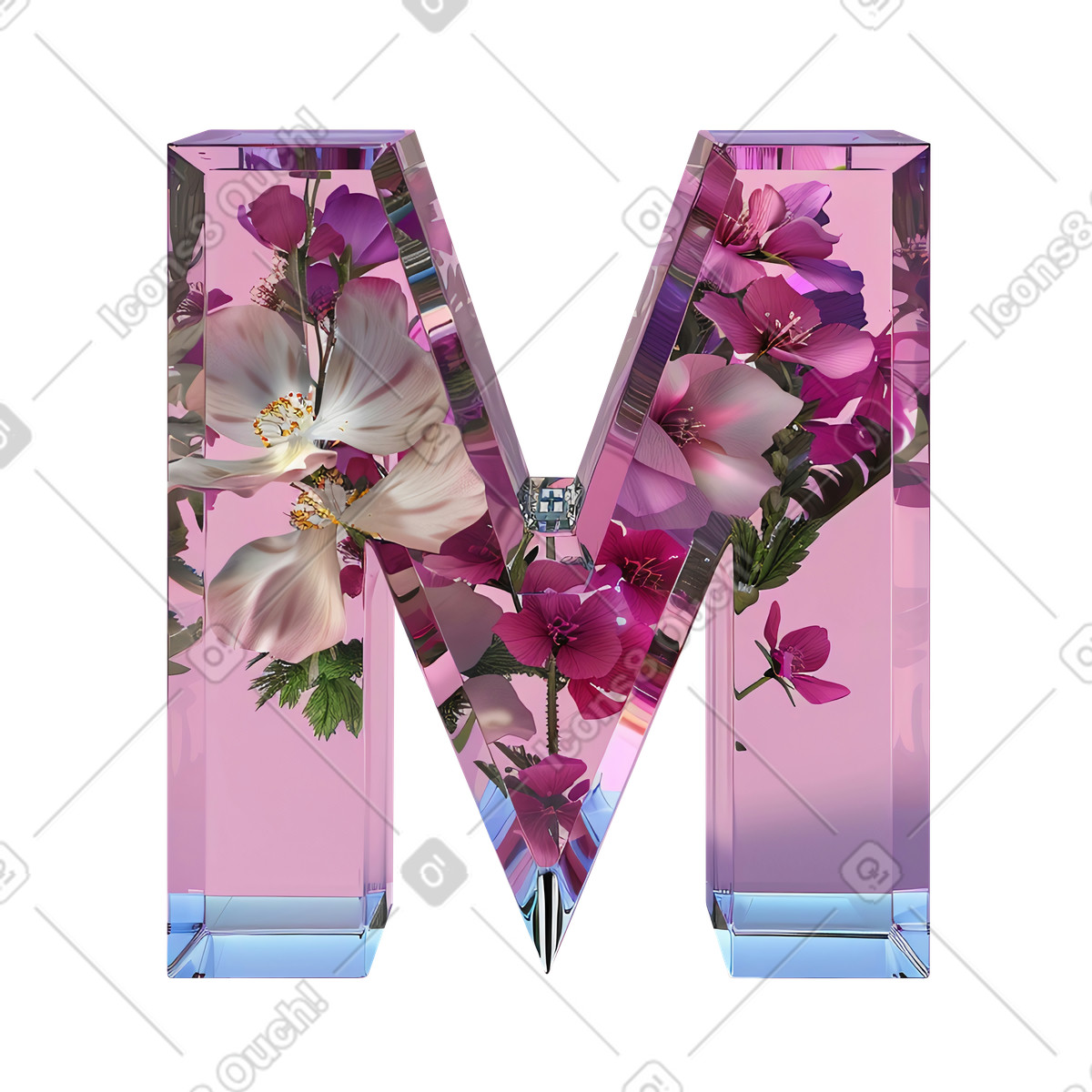 玻璃字母m，内有花朵插图，PNG、SVG格式