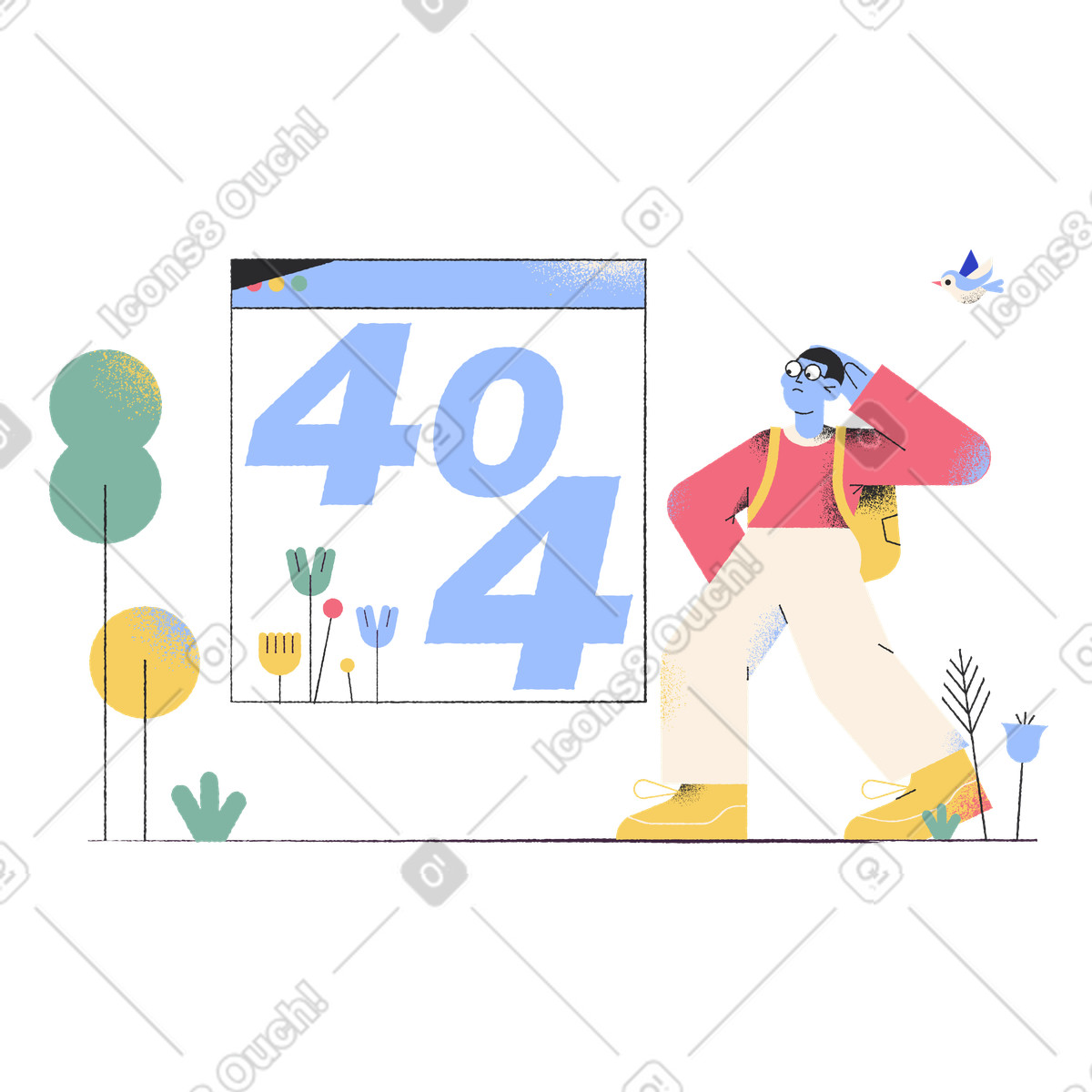 Lost user looking at 404 error screen, Missing page and website not found illustration in Pablo style download in PNG, SVG