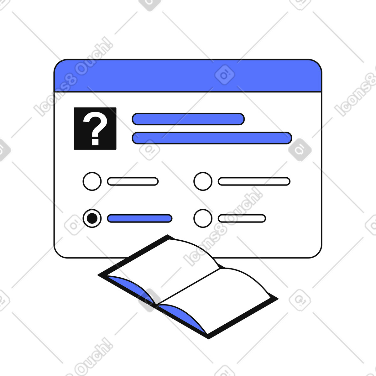 Ilustração de Quiz interface with open book representing online learning and assessment em no estilo para baixar em PNG, SVG
