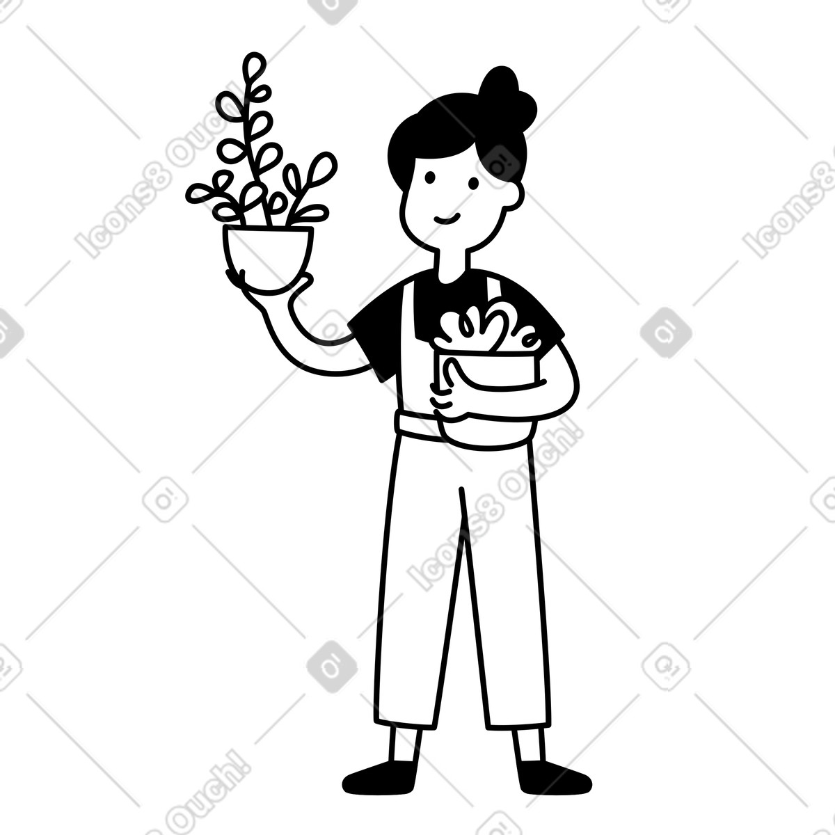 Gardener holding potted plants wearing overalls and simple t-shirt-Illustration im Notion Line Art-Stil als Download in PNG, SVG