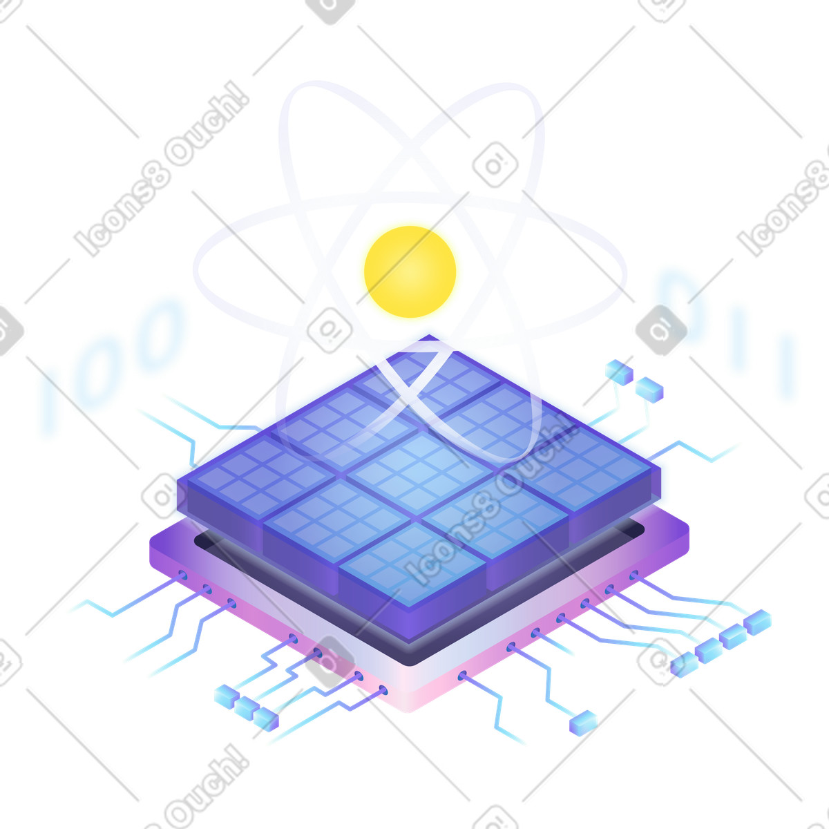 Atom model on futuristic chip, Data science and digital innovation illustration in Isotech style download in PNG, SVG