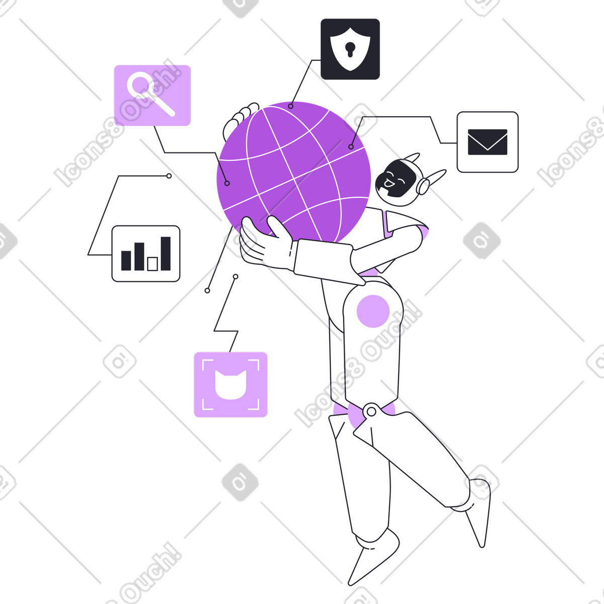 AI robot embracing world network, AI-powered global data management animated illustration in Grapy style download in GIF, Lottie (JSON), AE