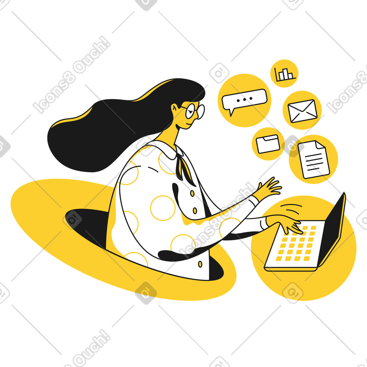 下载 Taxi 风格的 Professional handling multiple tasks on laptop, office work and multitasking 插画，支持 PNG、SVG 格式