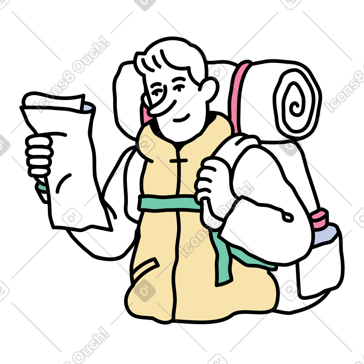 Man looking at map during camping trip illustration in Notes style download in PNG, SVG