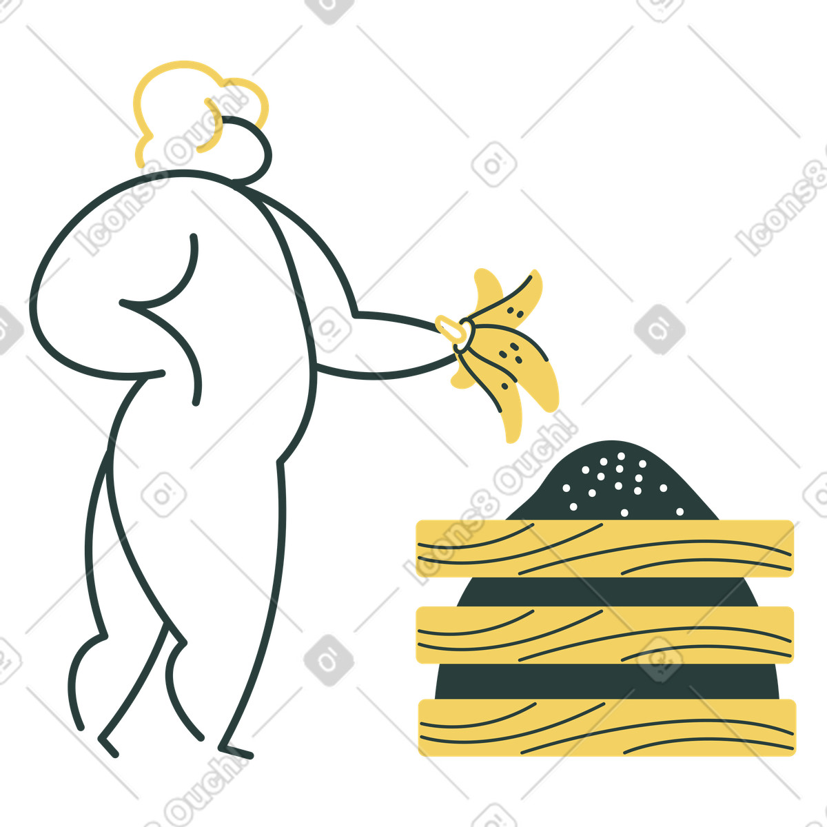 Donna che usa la buccia di banana come fertilizzante illustrazione in stile Macaroni scarica in PNG, SVG