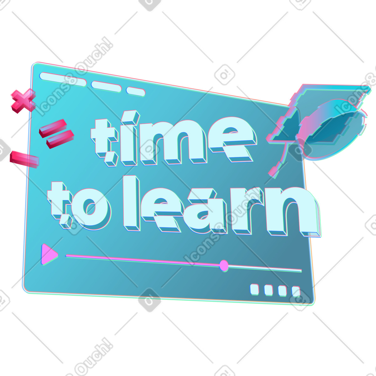Holographic video player with Time to learn lettering, Digital course or lesson illustration in Neon style download in PNG, SVG