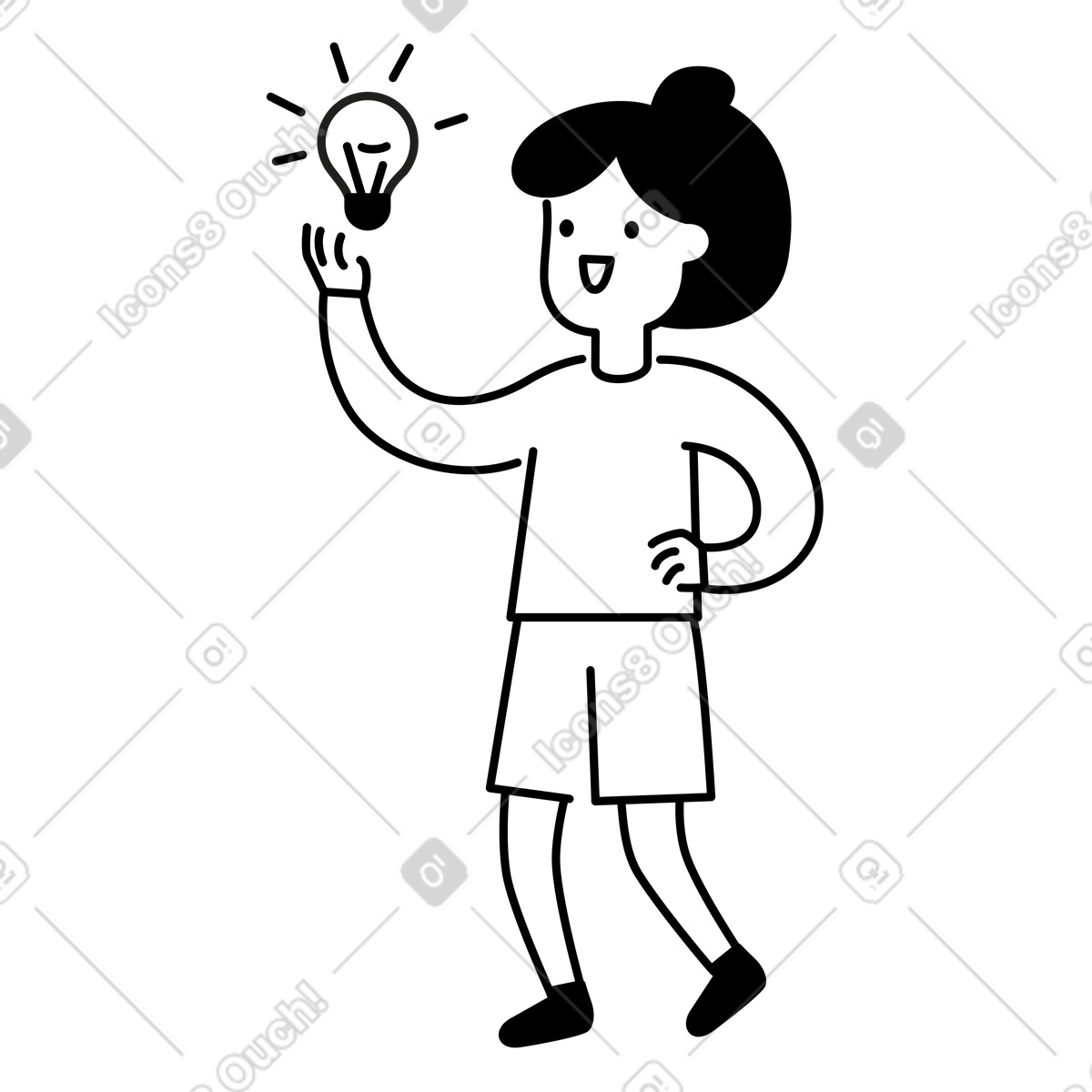 下载 Notion Line Art 风格的 Idea inspiration concept with smiling character holding glowing lightbulb up 插画，支持 PNG、SVG 格式