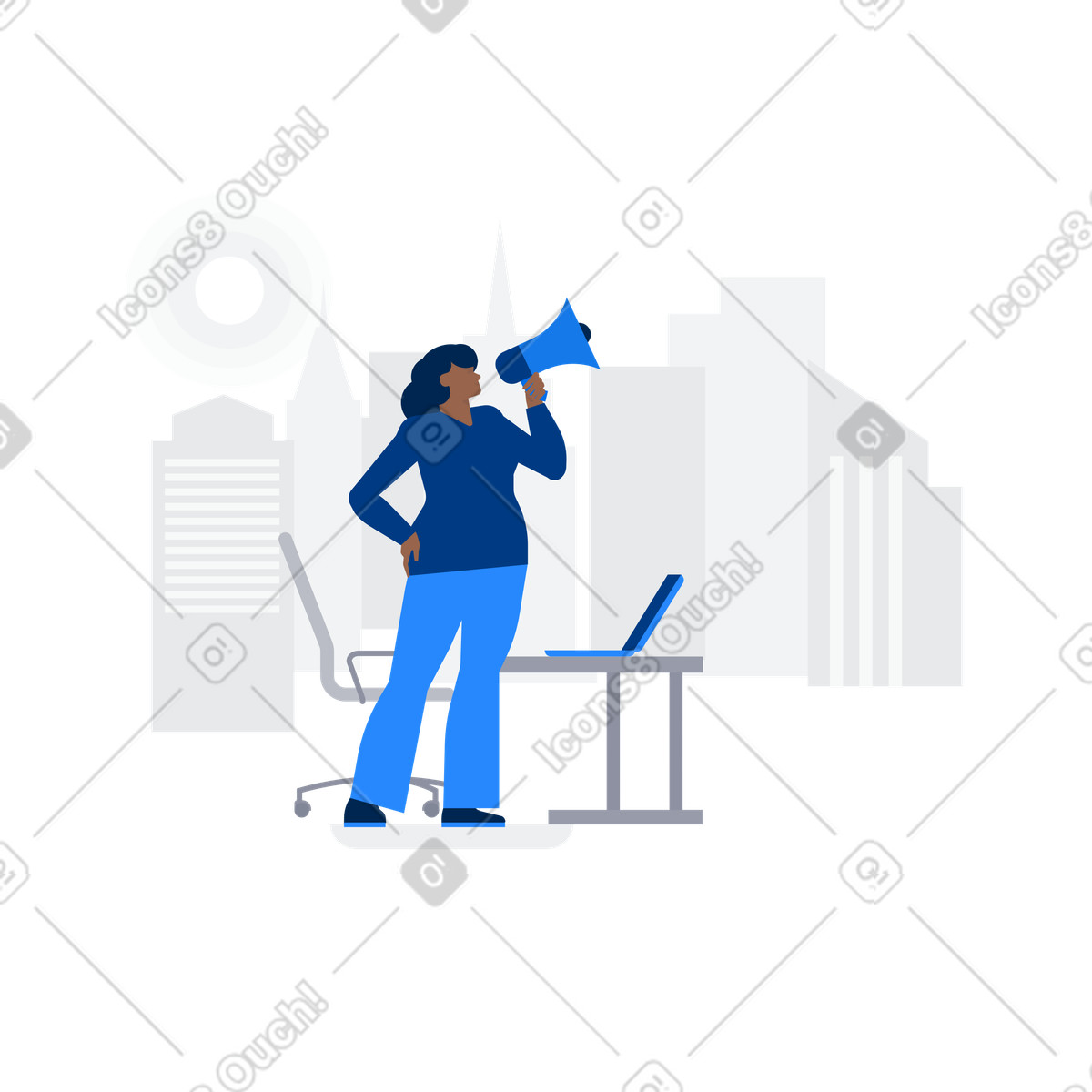 Ilustração de Professional with megaphone promoting in cityscape, urban marketing and public announcement em no estilo para baixar em PNG, SVG