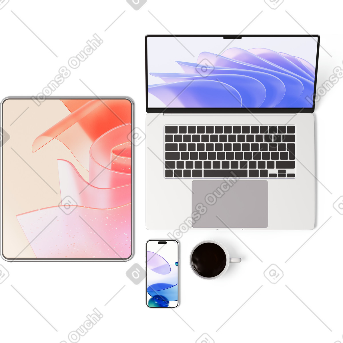 Vista dall'alto di laptop, tablet, smartphone, tazza tè illustrazione in stile 3D Hygge scarica in PNG, SVG