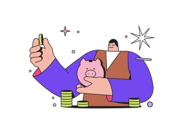 A man holding a piggy bank and coins - Dazzle style illustration