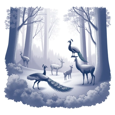 A dense forest setting filled with a variety of wildlife. In the foreground, a majestic peacock displays its exquisite tail feathers, which are adorned with intricate patterns resembling plumes. Nearby, a proud bird perches on a branch, showcasing a striking arrangement of feathers that fan out elegantly. A group of deer grazes peacefully on the lush undergrowth, their coats blending with the varied textures of the foliage surrounding them. The trees tower above, their trunks thick and impressive, while sunlight filters through the canopy, casting dappled shadows on the forest floor.