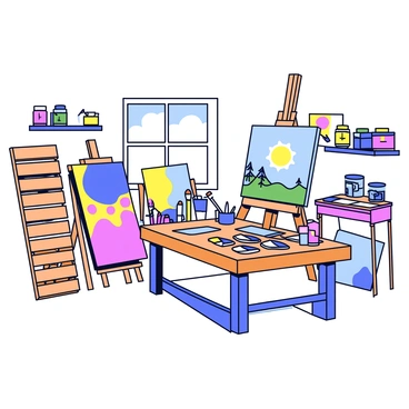 An artist's workshop filled with tools and creations, showcasing pallets in use.