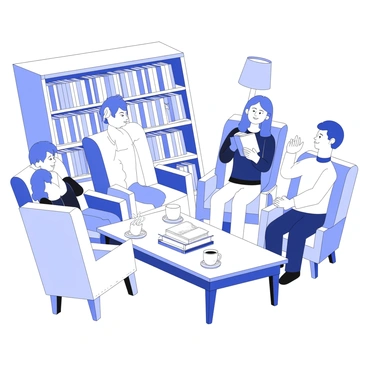 A book club meeting in a cozy room, with members discussing diverse authors