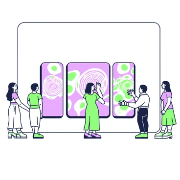 An art installation featuring a series of sleek screens mounted on a wall. Each screen displays a unique face generated by facial recognition technology, with intricate patterns overlaying the images. Viewers stand in front of the installation, interacting with the screens. Some viewers are smiling, while others are surprised as the screens respond to their facial expressions. The installation is set in a spacious gallery, with soft lighting emphasizing the screens and the dynamic, shifting patterns that react to the audience. A small crowd is gathered, admiring the technology and discussing their impressions.