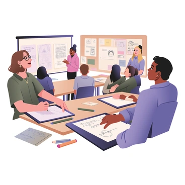 A digital flat illustration depicting a vibrant community workshop. A diverse group of people is engaged in learning illustration techniques. In the foreground, a woman with long brown hair wearing glasses is demonstrating illustration methods on a large tablet. To her right, a man with curly black hair and a blue shirt is sketching on a sketchpad, surrounded by colorful markers and pencils. In the background, a group of participants is seated at tables, attentively watching a presentation. A large bulletin board displays various illustrated works and notes. The atmosphere is lively, filled with creativity and collaboration.