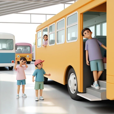 A group of four children, two boys and two girls, are playing in an empty bus garage. The first boy, wearing a blue t-shirt and shorts, is sitting in the driver's seat of a large yellow bus, pretending to steer the wheel with a big smile on his face. The second boy stands beside the bus, wearing a red cap and a green t-shirt, making engine sounds. One girl, dressed in a pink dress and white sneakers, is peeking out from a nearby bus window, giggling. The other girl is standing on the bus's steps, wearing a purple shirt and denim shorts, pretending to announce bus stops. The garage is filled with several parked buses of various colors, with sunlight filtering through the large windows, creating a vibrant atmosphere.