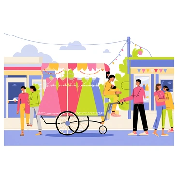 A vibrant scene featuring a decorated cycle rickshaw transporting an assortment of lehengas in various bright colors such as red, green, and blue. The rickshaw is adorned with colorful streamers and floral garlands, enhancing its festive appearance. The street is lined with small shops displaying traditional clothing and colorful banners. People are walking by, some stopping to admire the lehengas, while a few children play nearby. The sky above is clear and sunny, adding to the lively atmosphere of the scene.