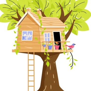 A cozy treehouse built with wooden planks, surrounded by lush green leaves and vines. The treehouse has a small balcony with a railing, adorned with colorful flower pots. Sunlight filters through the dense canopy, creating dappled light patterns on the wooden floor. Birds with bright feathers can be seen perched on nearby branches, while a gentle breeze sways the leaves. A rope ladder hangs down from the entrance of the treehouse, inviting exploration.