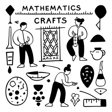 An illustration depicting various traditional crafts from around the world, such as intricate geometric patterns in a Persian rug, precise measurements in a Japanese tea ceremony, and the use of symmetry in Native American pottery. Each craft will be showcased with tools like rulers and compasses, alongside artisans engaged in their work. "Mathematics in Crafts" will be prominently displayed at the top, with visual motifs representing different cultures framing the composition, including symbols from African textiles, Indigenous beadwork, and Middle Eastern mosaics.
