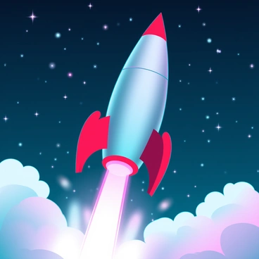 A vintage-inspired rocket with a metallic silver body and bright red fins is seen blasting off. The rocket emits bright flames and thick clouds of smoke at its base, creating a dynamic launch effect. The background is a deep, dark blue starry sky filled with numerous sparkling stars and distant galaxies. The scene captures the moment of lift-off, highlighting the contrast between the rocket's retro design and the vastness of space behind it.