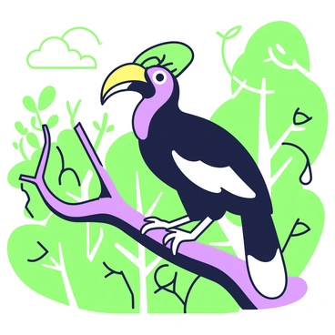 A hornbill is perched on a branch in a lush green forest. The bird has a distinctively curved yellow and black beak, and its feathers are predominantly black with patches of white. Its large eyes are bright and alert, capturing attention. The background features varying shades of greenery, with leaves and trees surrounding the hornbill, creating a rich and vibrant environment. The sunlight filters through the foliage, casting soft shadows around the scene.