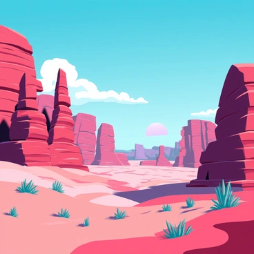 A vast desert landscape featuring unique geological formations, including towering red rock spires and deep, shadowy canyons. The formations are intricately layered, showcasing a variety of colors from burnt orange to sandy beige. A clear blue sky stretches above, with a few fluffy white clouds scattered throughout. The foreground is dotted with sparse desert vegetation, such as cacti and hardy shrubs, adding a touch of green to the arid environment. In the distance, a setting sun casts long shadows, enhancing the textures of the rock formations.