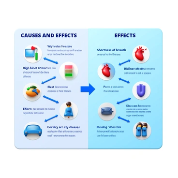 An infographic displaying "the causes and effects of heart failure." The background features a clear layout with sections separating causes and effects. On the left side, various icons represent different causes such as "high blood pressure," "diabetes," and "coronary artery disease." Each icon is accompanied by brief descriptions in concise text. On the right side, visual representations of effects include "shortness of breath," "fatigue," and "swelling in legs." Arrows connect the causes to the effects, illustrating the relationship between them. The color scheme is informative and easy to read, ensuring clarity and engagement.