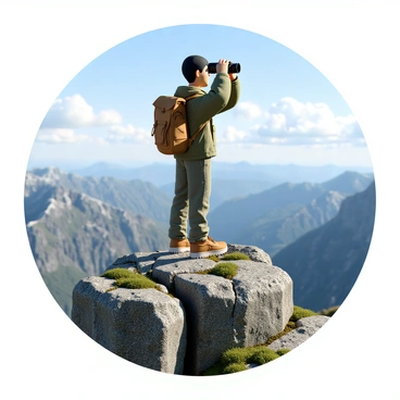 A hiker with a light brown backpack and a green hiking jacket stands confidently on a rocky mountain peak. The hiker has short black hair and is wearing a pair of sturdy hiking boots. They hold a pair of binoculars up to their eyes, intently observing the expansive landscape below. The surrounding mountain scenery features rugged terrain with a mix of rocky outcrops and patches of green vegetation. The sky is clear and bright, with a few fluffy white clouds scattered across it, enhancing the sense of height and adventure in this mountainous environment.