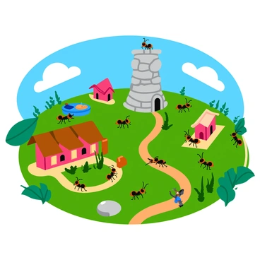 A bustling, miniature ant cityscape filled with tiny buildings made of leaves and twigs. The scene features various ant citizens, some carrying small food items, while others are chatting or working together. There are tiny pathways winding between the buildings, and a few ants are seen climbing up the sides of the structures. In the background, a miniature tower made of pebbles stands tall, with several ants gathered around its base. The sky above is clear and blue, providing a bright backdrop to this lively ant community.