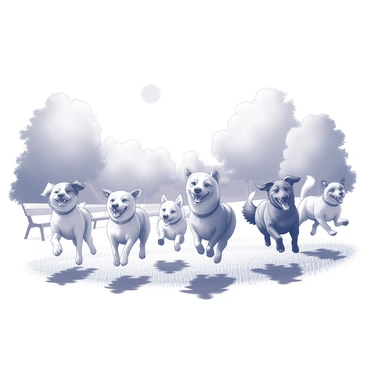 A group of playful dogs running and playing in a sunny park.