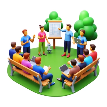 A group of diverse residents gathered in a neighborhood park. They are seated on picnic benches, engaging in conversation. Some residents hold notepads and pens, while others have laptops open in front of them. One person is gesturing towards a chart on a poster board, illustrating ideas for the community project. The scene includes a mix of trees and greenery in the background, and children playing nearby. A sense of collaboration is evident as everyone shares their thoughts and suggestions.