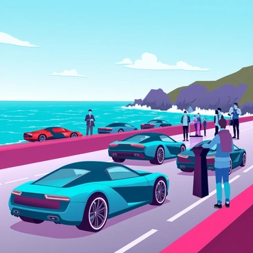 An exclusive test drive event featuring a collection of luxury cars, including sleek sports cars and elegant sedans, lined up along the edge of a coastal highway. The sun casts a golden hue over the scene, illuminating the polished surfaces of the vehicles. Spectators admire the cars from a distance, some taking photos, while others engage in conversation. In the background, turquoise waves crash against rocky cliffs, and a clear blue sky stretches above, dotted with a few fluffy clouds. A small podium is set up nearby, where an event host is speaking to a captivated audience about the cars and their features.