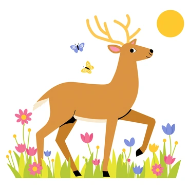 An elch standing majestically in a bright spring meadow filled with blooming flowers. The meadow showcases vibrant colors from various flowers in shades of pink, yellow, and blue. Butterflies with intricate wing patterns are fluttering around the elch, adding movement to the scene. The elch has large antlers and a rich brown coat, contrasting with the colorful surroundings. The sun casts warm light over the scene, enhancing the cheerful atmosphere of the spring day.