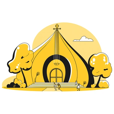 A cartoon illustration of the Chowdiah Memorial Hall, designed in the shape of a violin. The building’s distinctive features are highlighted, including the curved lines of the roof resembling the violin's body and the bow extending above. Surrounding the hall are lush green trees and a clear sky, and a few stylized clouds drift overhead. In the foreground, a pathway leads up to the entrance, with people walking and enjoying the sight of the iconic structure. The scene captures the hall's grandeur and unique design.