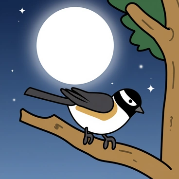 A small chickadee with black and white plumage is resting on a sturdy tree branch. Its feathers are fluffed up slightly, suggesting a relaxed state. The background features a large, bright full moon hanging low in the sky, casting a soft, silvery glow that illuminates the scene. The tree branch is textured with knots and leaves, creating a natural perch for the bird. Stars twinkle faintly in the night sky, adding depth to the serene setting.