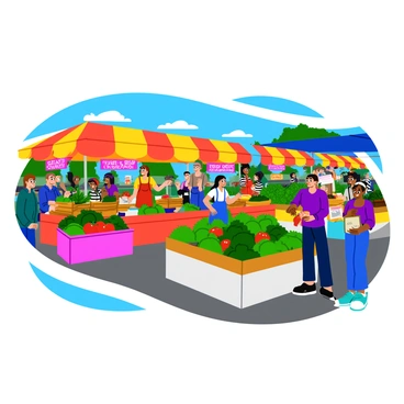 A bustling farmers market filled with various colorful stalls. Each stall is adorned with vibrant signs displaying fresh organic produce. There are baskets overflowing with bright red tomatoes, leafy greens, and an assortment of fragrant herbs. Shoppers are engaged with friendly vendors, examining the colorful fruits and vegetables. Some stalls feature eco-friendly products such as handmade soaps and reusable bags. The market is lively with families and friends enjoying their time, with a few children holding fresh fruits. A clear blue sky is visible overhead, adding to the lively atmosphere.
