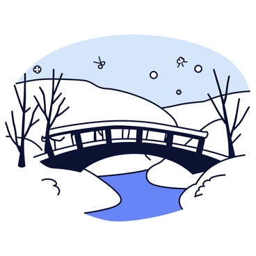 A snow-covered bridge in a tranquil winter landscape with gentle snowfall