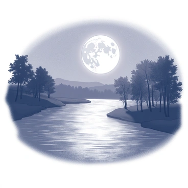 A river flows gently through the landscape, its surface reflecting the light of the moon above. The moon is full and surrounded by a luminous halo, casting a soft glow onto the water. The shimmering effect creates ripples that distort the reflection of the moon and the surrounding trees. The banks of the river are lined with silhouettes of foliage, enhancing the serene nighttime atmosphere. The scene captures the tranquil beauty of the night with the light dancing on the water’s surface.