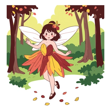 A small fairy with delicate wings is dressed in vibrant autumn leaves, creating a colorful outfit. She is gracefully dancing amidst a lush forest filled with tall trees and scattered fallen leaves on the ground. Sunlight filters through the branches, casting dappled shadows around her. The fairy's hair is adorned with tiny acorns and twigs, blending harmoniously with the natural surroundings. The forest floor is rich in greens and browns, enhancing the warm tones of the fairy's attire.