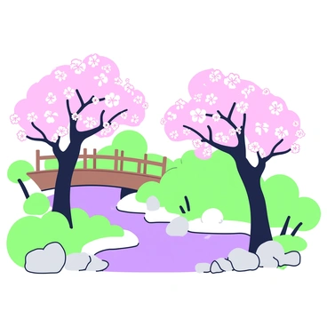 A Japanese garden features cherry blossom trees in full bloom, their branches adorned with delicate pink flowers. Below the trees, a tranquil pond reflects the blossoms above, creating a sense of harmony in the scene. Surrounding the pond, smooth stones line the water's edge, and lush greenery adds texture to the garden. In the background, a wooden bridge arches gracefully over the pond, leading to a small stone pathway that meanders through the garden.