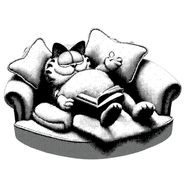 A cartoon cat resembling "Garfield" is lounging on a plush couch. He has a round, chubby body and distinctive orange fur with dark stripes. His eyes are half-closed, and he has a pair of glasses perched on his nose. He is holding a book open in front of him, intently focused on the pages. The couch is cushioned and has patterned upholstery, providing a comfortable setting. There are a few scattered pillows around him, adding to the cozy atmosphere.