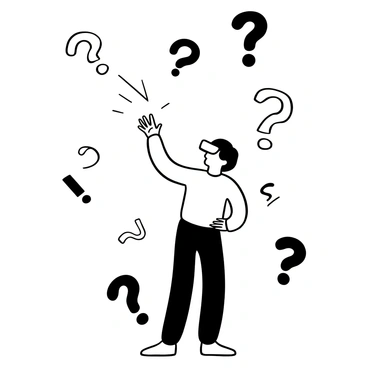 A person wearing "VR goggles" is standing in a dynamic pose, reaching out with one hand towards several "floating 3D question marks" surrounding them. The question marks vary in size and are scattered in various positions around the individual. The scene captures a sense of engagement and interaction with the virtual elements. The background is minimal to emphasize the person and the question marks.