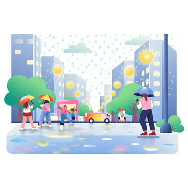 An urban scene is filled with tall buildings and streetlights. Rain is falling, and each raindrop appears as distinct colorful dots, creating a vibrant effect. Puddles on the ground are also formed from these dots, reflecting the hues of the surrounding lights and streets. People with umbrellas are walking along the sidewalk, their outlines slightly blurred by the rain. A few vehicles are parked along the roadside, their surfaces shimmering with the colorful droplets. The sky is gray with thick clouds, enhancing the overall atmosphere of the rainy day.