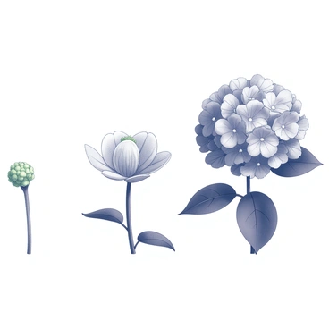 An illustration of a hydrangea plant transitioning through the seasons, from bud to full bloom.