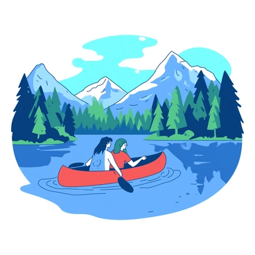A couple is paddling a red canoe on a blue mountain lake. The water is calm, reflecting the surrounding lush green forests that line the shore. Tall, majestic mountains rise in the background, partially covered with patches of white mist. The couple is sitting close together, one person holding a paddle and the other gazing ahead, enjoying the serene environment. Sunlight filters through the trees, creating dappled patterns on the water's surface.
