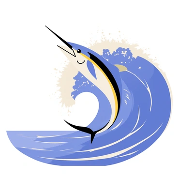 A majestic marlin with a long, pointed bill and iridescent blue and silver scales rides the crest of a massive ocean wave. The wave is tall and foamy, with a dynamic curl at the top, capturing the power of the ocean. The sunlight reflects off the water, creating sparkling highlights on the wave and the marlin's body. In the background, there are hints of a clear blue sky, complementing the vibrant scene. The marlin appears dynamic and agile, poised as it navigates the wave with grace.