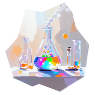 A laboratory scene featuring a glass flask filled with a clear liquid undergoing a vibrant chemical reaction. The flask is positioned on a workbench, surrounded by a few scattered laboratory tools. Inside the flask, colorful bubbles are rising to the surface, and the liquid is changing hues from a bright blue to a vivid green. The light reflects off the flask, highlighting the excitement of the chemical process taking place.